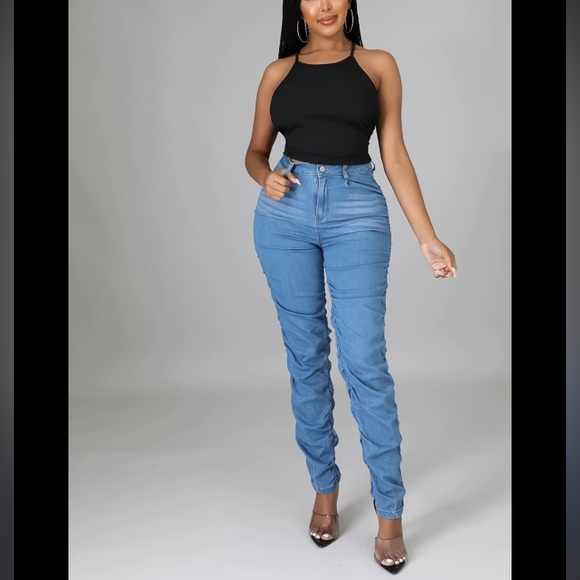 Labijou Boujee Chic Ruche Sides Scrunched Jeans Womens M Medium Blue Stacked - Picture 11 of 16